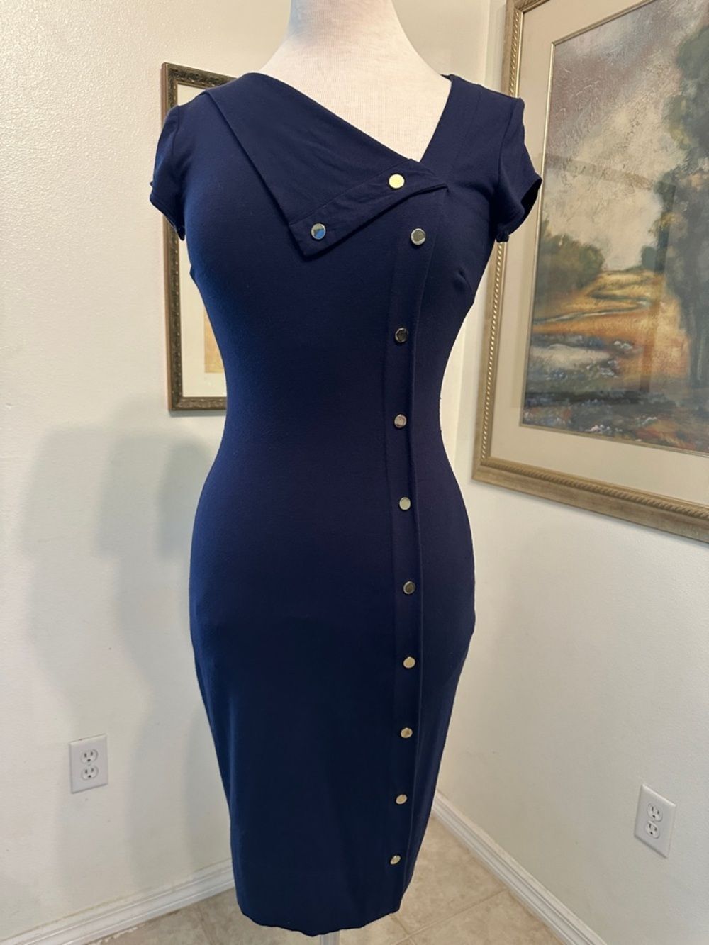 Cache’ Navy Cap-Sleeve Button-Front Sheath Dress Size XS